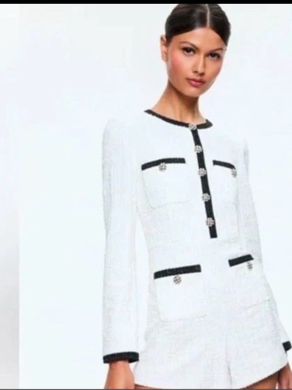 Alice + Olivia short dressy white and black Shiloh tweed LS jumpsuit NWT Sz 10